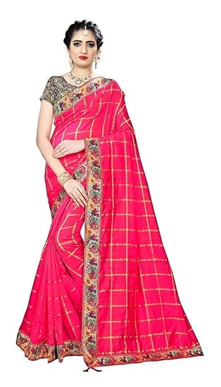 Yashika Fashion Womens Pink Color Sana Silk Saree With Lace Border And Unstitched blue Golden Jacquard Blouse