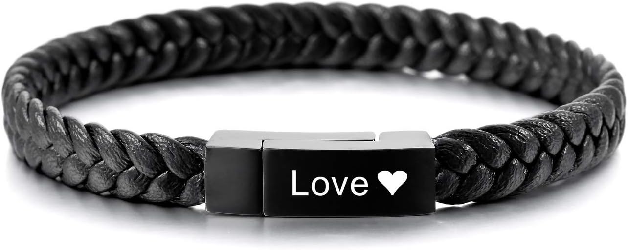 MeMeDIY Stainless Steel Genuine Leather Bracelet Cuff Braided - Customized Engraving