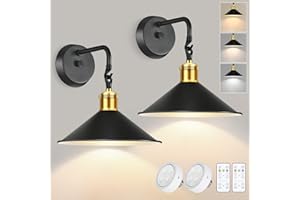 VERRON Set of 2 Battery Operated Wall Sconces with Remote, Dimmable Wireless or Hardwired Indoor Wall Light Fixture, 3000K/4000K/6000K Adjustable Black Wall Lamp for Bedroom Living Room, 2 LED Bulbs Included