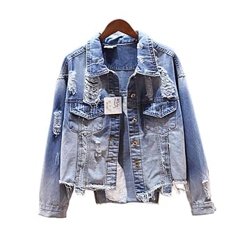 RLWQLFS Jeansjacke Asymmetrische Rips Detail Boyfriend Jeansjacke Lose Autumn Womens Jacken und Mäntel Blue Revers Einreiher 