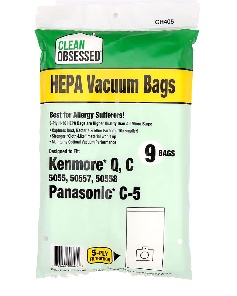 Photo 1 of Clean Obsessed H-10 HEPA Bags Replacement For Kenmore Canister C/Q 50555, 50557, 50558 & Panasonic Type C-5 - (9 Bag Pack)