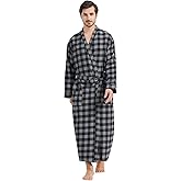 FashGudim Mens Buffalo Plaid 100% Cotton Flannel Shawl Collar Robe Lightweight Full Length Bathrobe Loungewear House Robes