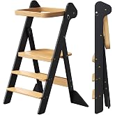 COSYLAND Foldi Foldable Toddler Kitchen Stool - Adjustable Height Toddler Standing Tower with Net &amp; Safety Feet, IF Award-Winning Wooden Learning Step Tower for Kids 18M-6Y, Black &amp; Natural