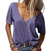 Danedvi Women Fashion Deep V-Neck Short Sleeve Tops Solid Casual Loose Basic T Shirt