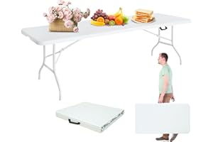 LSKSSNG Portable 8Ft Folding Table, Heavy Duty Plastic Fold-in-Half Utility Foldable Dining Table, Multi-Purpose Plastic Folding Table with Carrying Handle for Camping and Party Indoor/Outdoor (White)