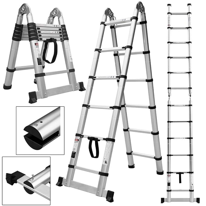 Wohl-H 3.8M Aluminium ausziehbar Leiter Doppelseite 1.9M+1.9M Teleskopleiter Klappleiter Mehrzweckleiter Stehleiter mit Sperr