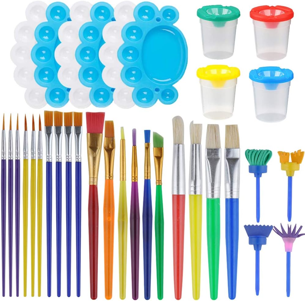 WEKSI Paint Brushes for Kids, 34Pcs Paint Supplies Include Paint Cups with No Spill Lids Palette Tray Muti Sizes Paint Brushes Set for Kids Gifts School Project Art Party: Kitchen & Dining