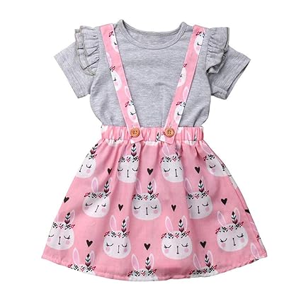 REALIKE Kinder Baby Mädchen 1PC Tops+1PC Kleid Mode Rüschen Kurzarm Blusen Elegant Kaninchen-Muster Taste Sling Mini Kleid So