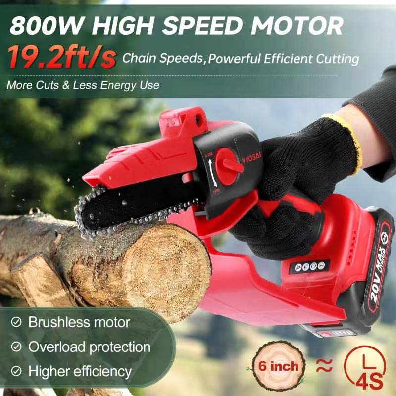 6 Inch Mini Chainsaw Cordless, Chain Saws with 800W Brushless Motor & 2x 2.0Ah Batteries, Portable Handheld Small Chainsaw with 2 Chains, Security Lock, for Wood Cutting Tree Trimming Garden