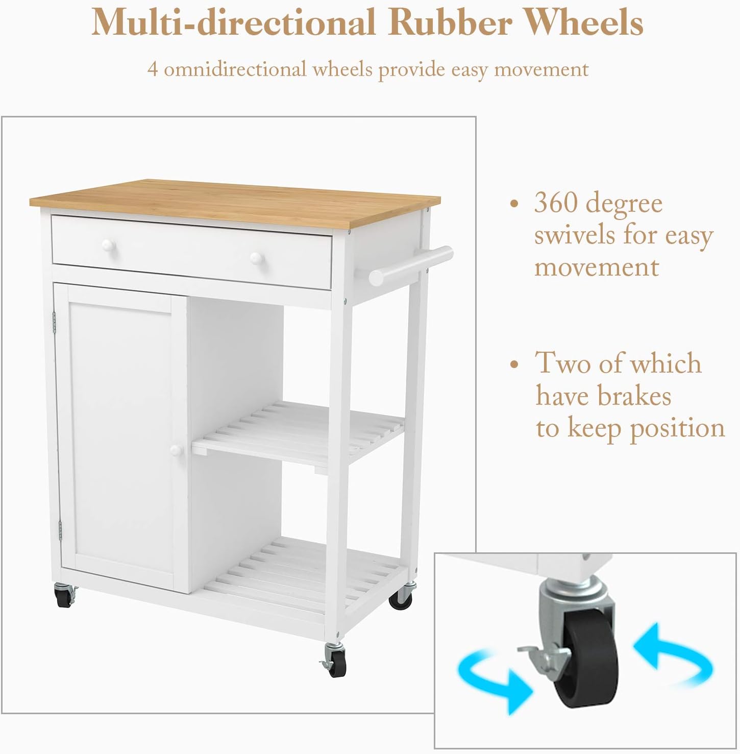 Mecor Kitchen Island Cart w/Wood Top, Rolling Utility Trolley on Wheels with Storage Drawer, Shelves and Cabinet (White) - Kitchen Islands & Carts