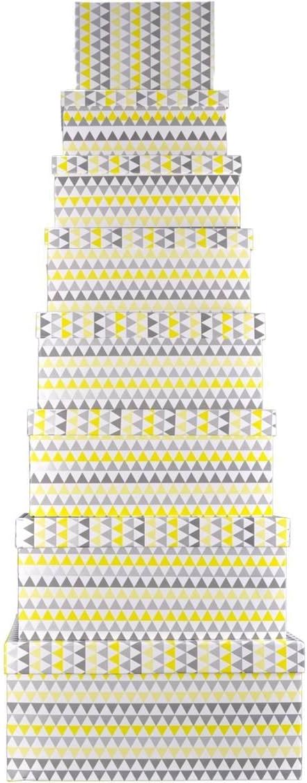 Set Of 9 Nested Oblong Gift Boxes - Geometric Yellow, Grey & White Triangles