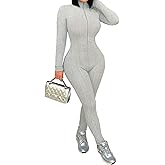 XYZDRESSOR Women Sexy Long Sleeve Ribbed Jumpsuit Zip Up Front Solid Color Workout Club Bodycon Outfits