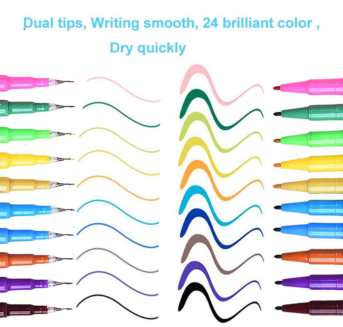 Art Markers Dual Tips Coloring Fineliner Pens, 24 Colors of Water Based Marker for Calligraphy Drawing Sketching Coloring Book Bullet Journal