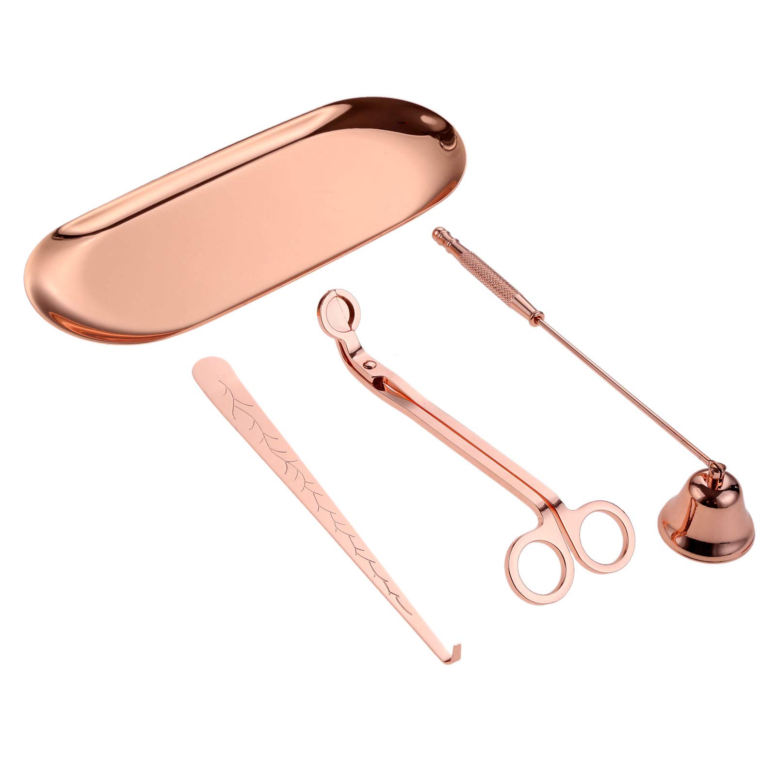 MUXSAM 4pcs Candle Snuffer,Candle Wick Trimmer,Candle Tray & Candle Core Hook Candle Accessory Set - Candle Care kit -Candle Stainless Tools Pack Rose Gold