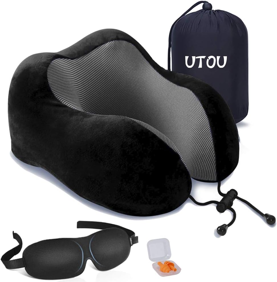 Travel Pillow Best Neck Airplane Support Pillow Memory Foam Pillow Comfortable Breathable Car U Shape Head Pillow with 3D Sleep Mask,Earplugs Bag,Black