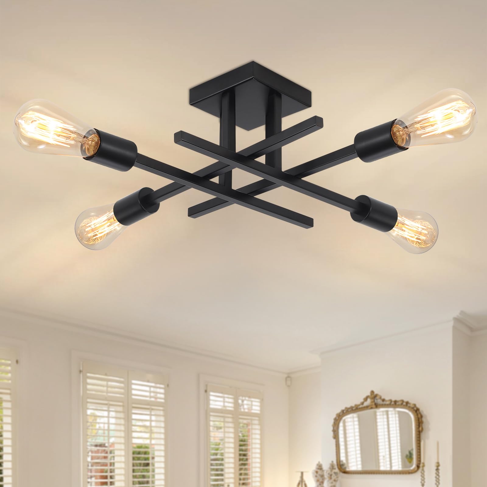 QAREHL Sputnik Ceiling Light, 4 Lights Black Ceiling Lights Living Room Modern Sputnik Chandelier for Bedroom, Dining Room, Kitchen, Hallway, Office, E27 Socket