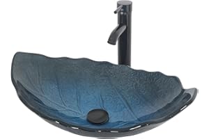 PULUOMIS Bathroom Vessel Sink with Faucet, Mounting Ring and Pop Up Drain Leaf Shaped Bowl Basin, Blue