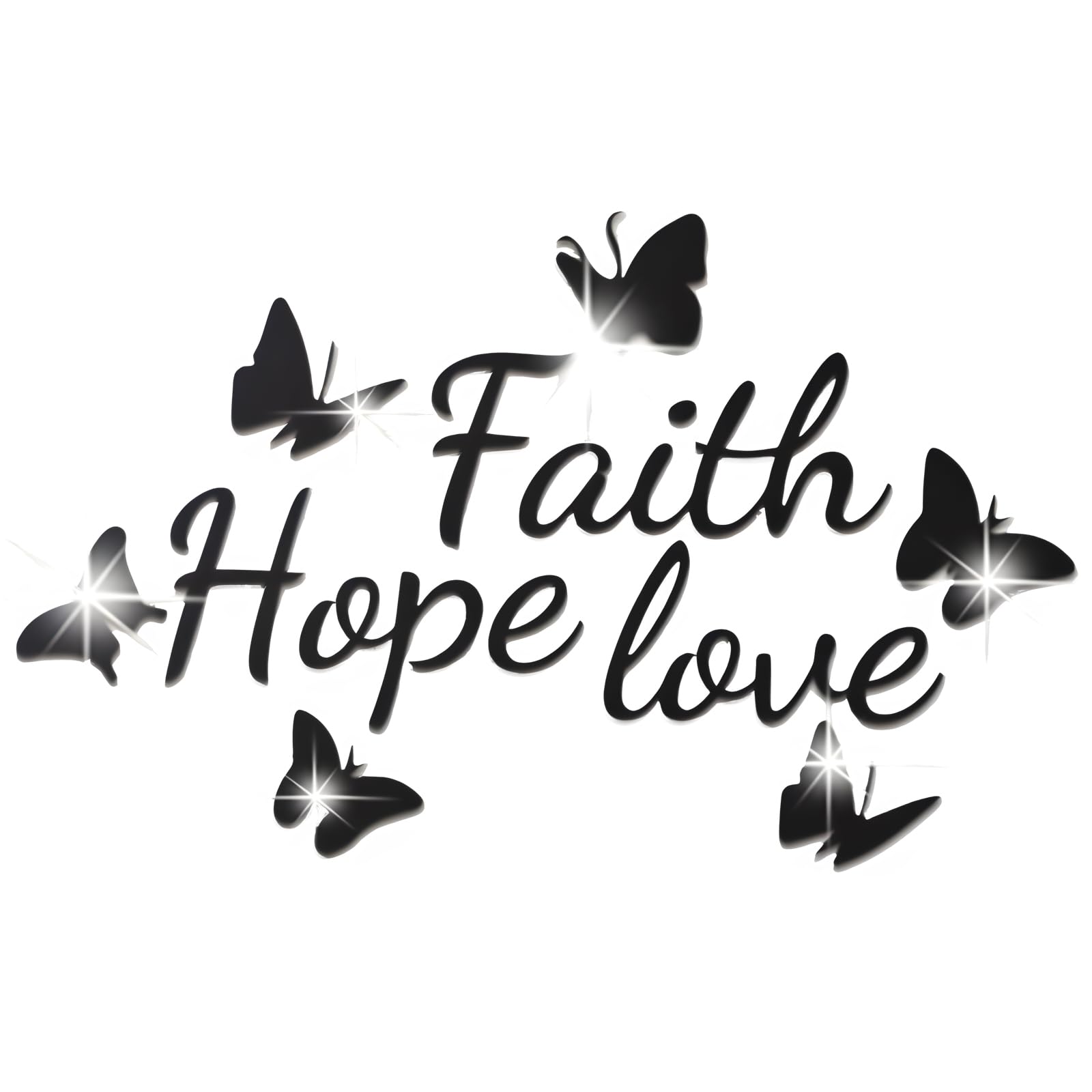 Desuibao Faith Hope Love 3D Acrylic Mirror Wall Decor Stickers, Butterfly Faith Hope Love Wall Decal, Peel and Stick Motivation Letter Wall Sayings Vinyl Lettering Art Quotes for Home Bedroom, Black