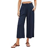 GRAPENT Wide Leg Trousers Flowy Beach Pants Summer Casual Lounge Pants with Pockets Women High Waisted Linen Trousers Navy Blue 3X-Large Size 24-26
