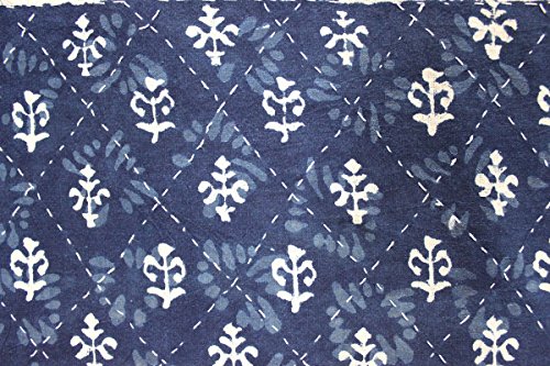 Mango Gifts Indigo Kantha Work Bedspread Queen Size Block Print 100%Cotton Gudari