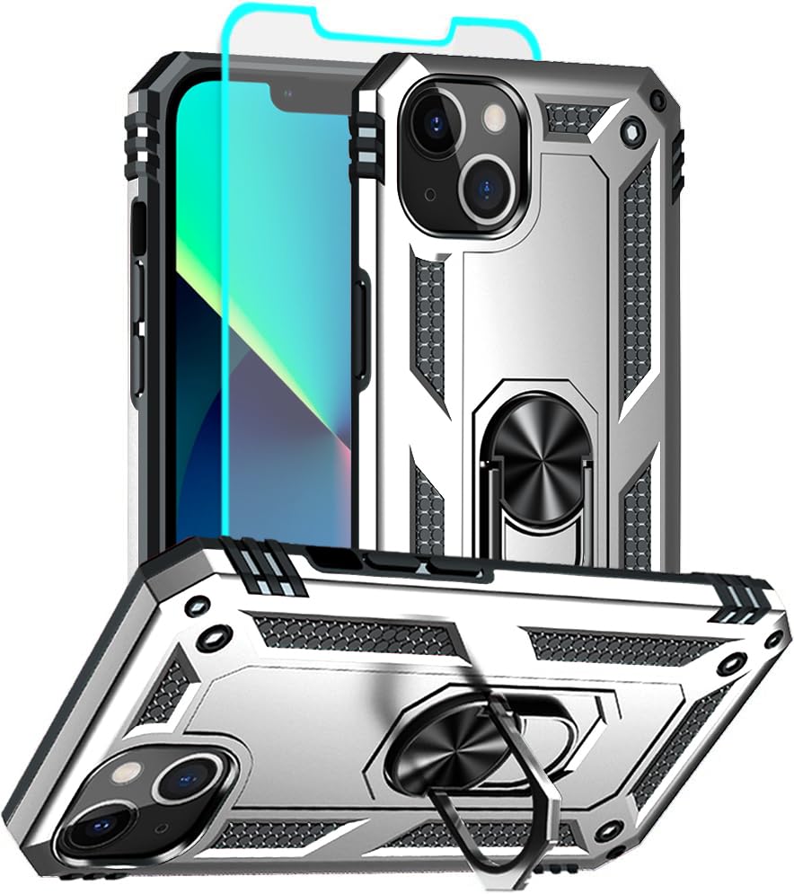 Aozuoton for iPhone 13 Case, iPhone 13 Phone Case, [Military Grade 16ft. Drop Tested] Ring Shockproof Protective Phone Case for iPhone 13,Sliver