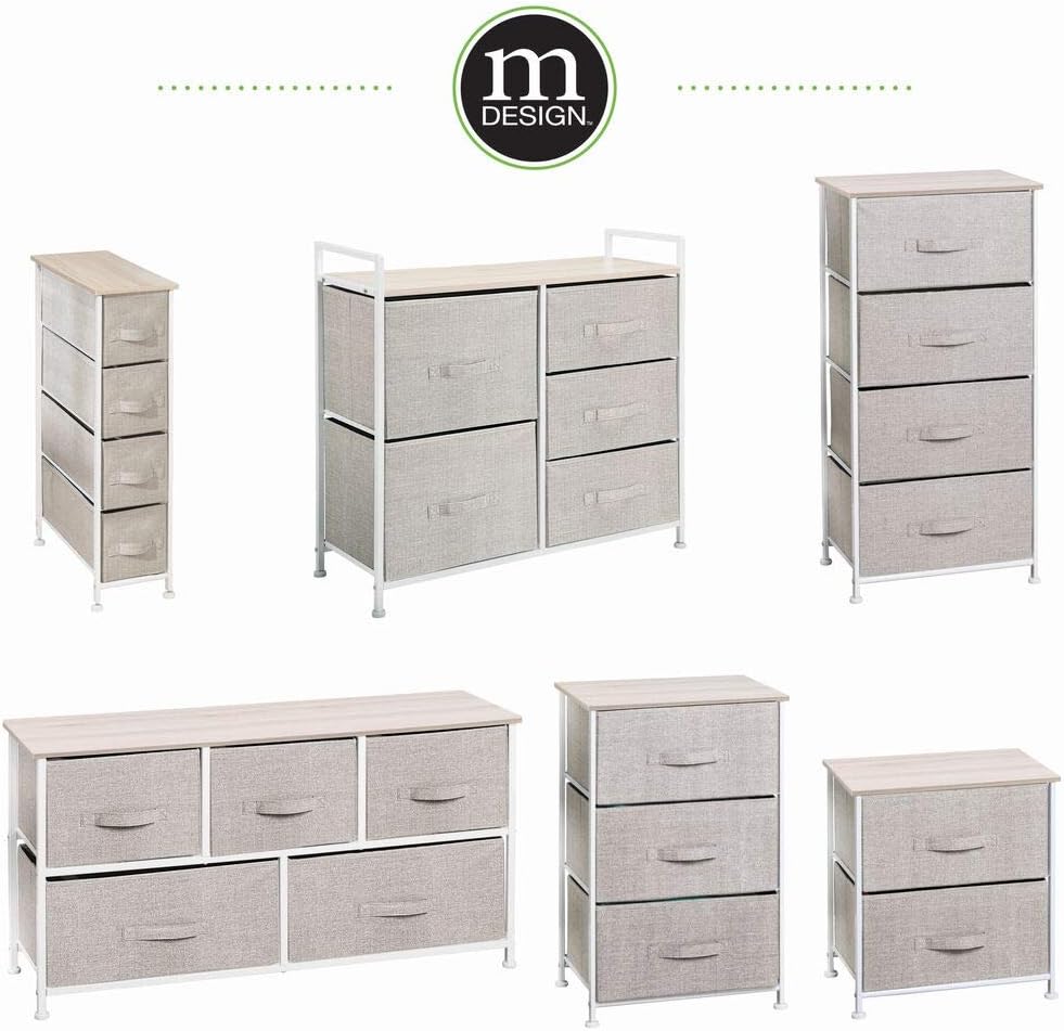 mDesign Narrow Vertical Dresser Storage Tower - Sturdy Frame, Wood Top, Easy Pull Fabric Bins - Organizer Unit for Bedroom, Hallway, Entryway, Closets - Textured Print, 4 Drawers - Light Tan/White -
