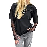 Womens Spliced Lace Long Sleeves Shirt Round Neck Fashion Loose Thin T-Shirt Casual Solid Color Tops