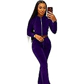 yidengymx Womens Velour Tracksuit Two Piece Outfits for Women Long Sleeve Hooded Zip Crop Tops Flared Pants Set