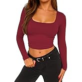 ForeFair Womens Square Neck Long Sleeve Crop Top Basic Going Out Top Tight Shirts Double Lined Tee