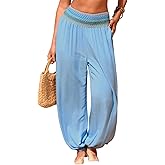 Dokotoo Harem Boho Flowy Beach Pants for Womens Smocked Waist Casual Wide Leg Hippie Trousers with Pockets for Vacation