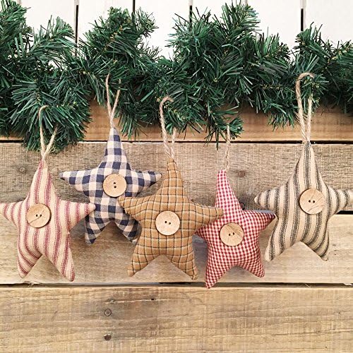 Set of 5 Homespun Fabric Star Rustic Farmhouse Ornaments by Jubilee Creative Studio