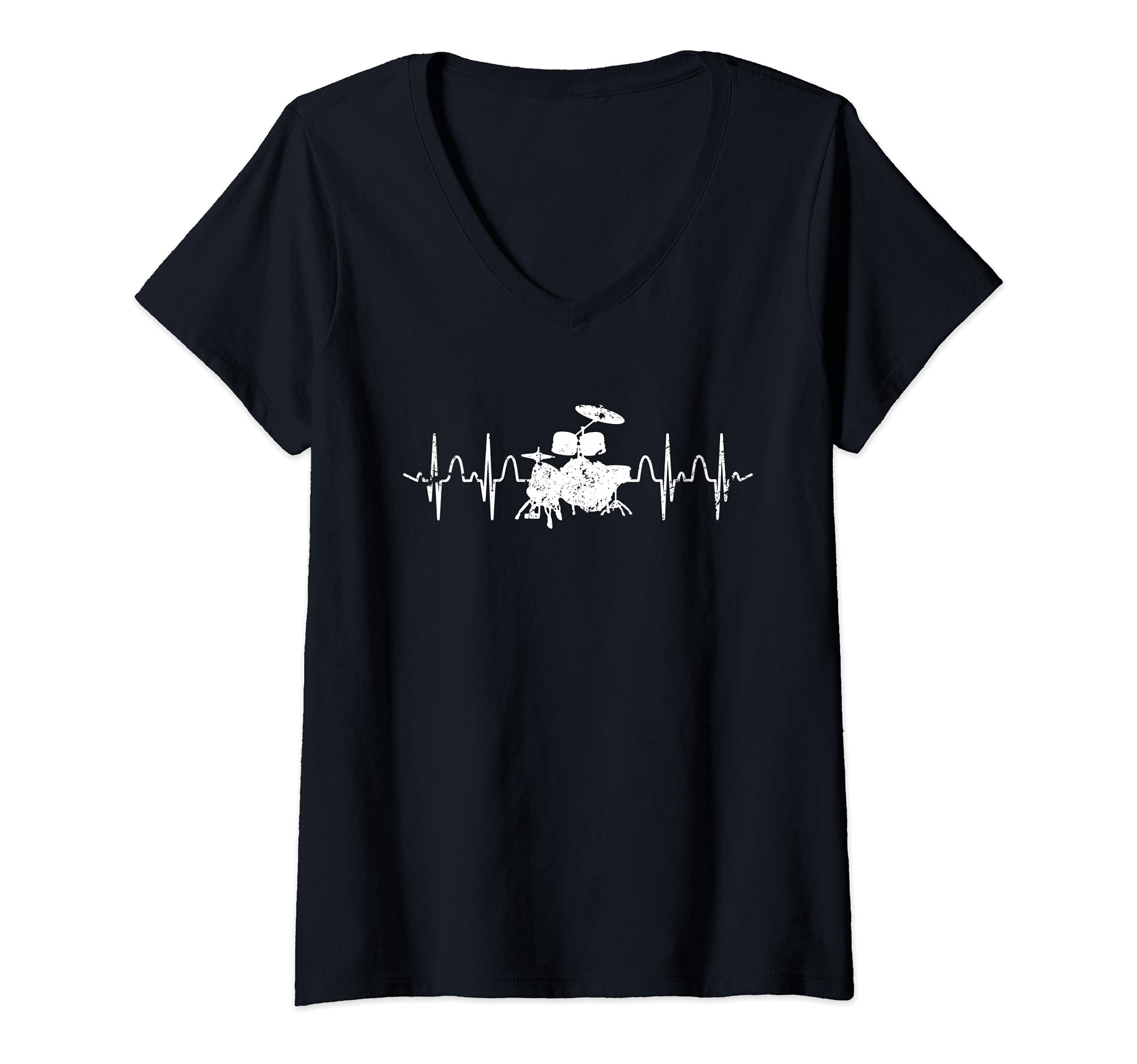 Womens Percussion Musician Drum Set Heartbeat Drummer Drums V-Neck T-Shirt
