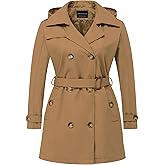 CREATMO US Women's Plus Size Trench Coat Double-Breasted Classic Lapel Overcoat Belted Outerwear Coat with Detachable Hood