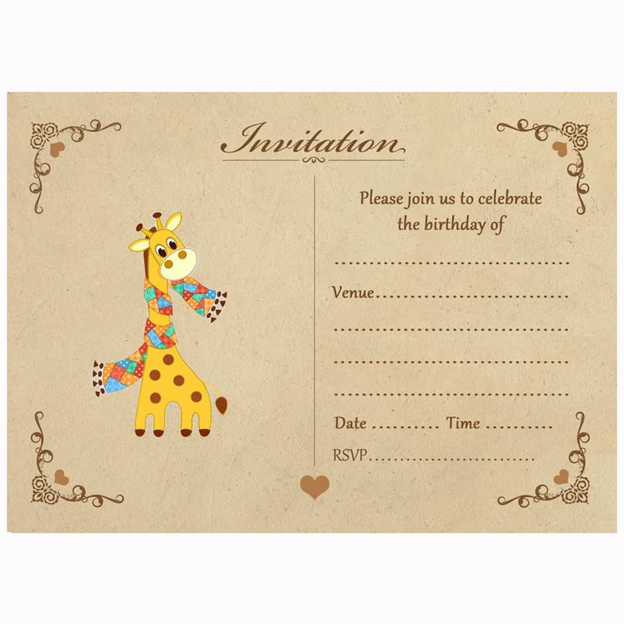 Artstore Vintage Giraffe Birthday Invitations With Brown Kraft Envelopes - Pack of 15