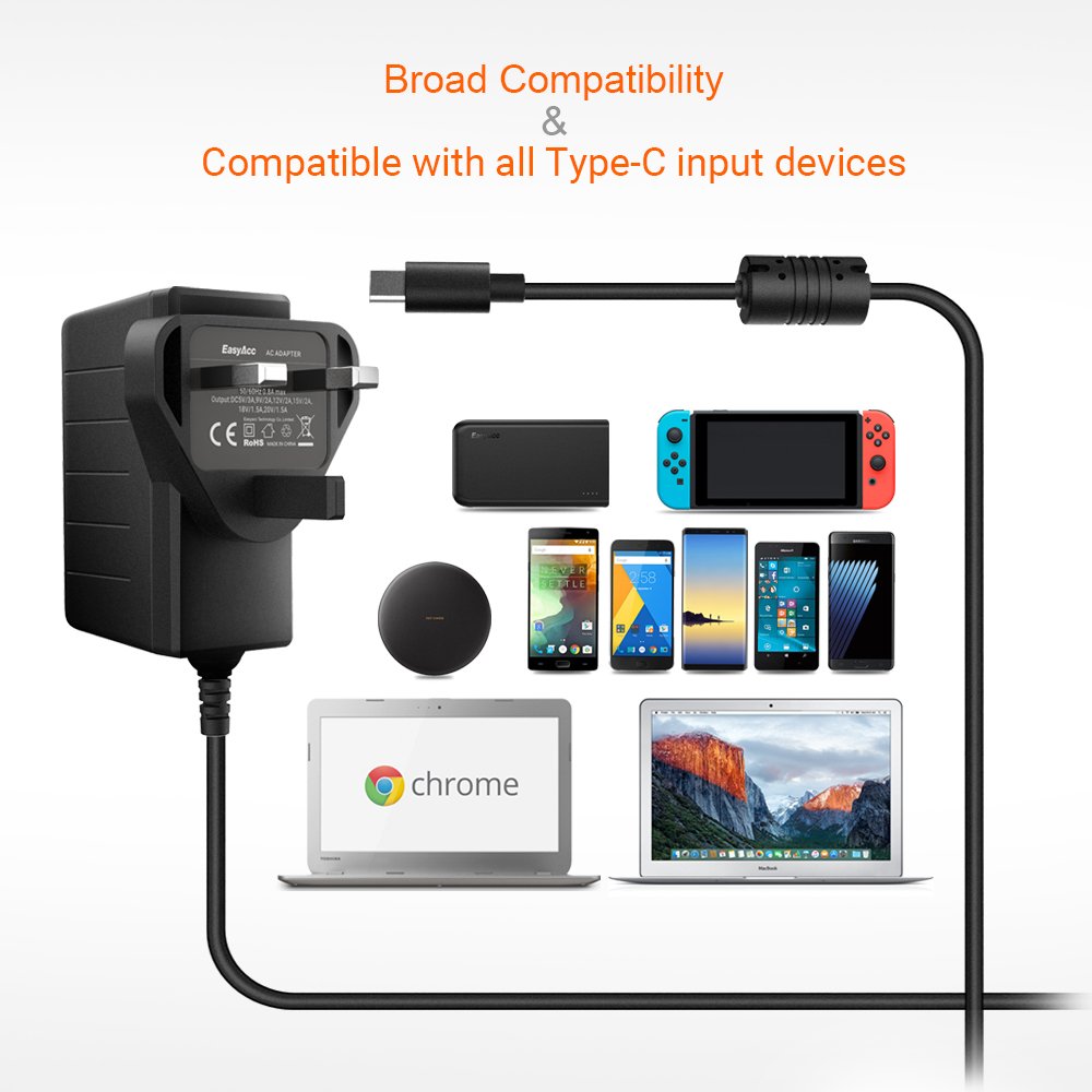 Type-C Mains Charger EasyAcc 30W USB C Wall Charger with Power Delivery and QC Fast Charging Technology for Samsung S8/8+ Wireless Charger, MacBook, Nintendo Switch