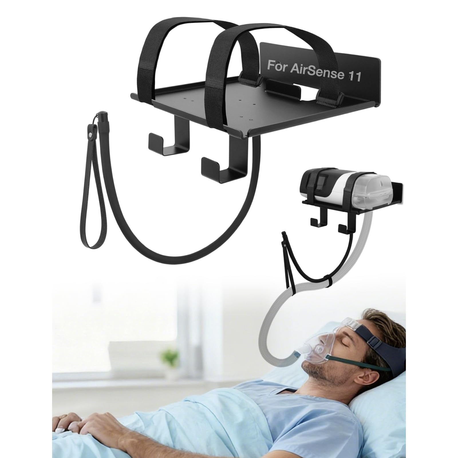 Photo 1 of CPAP Wall Mount Shelf for ResMed AirSense 11 Lightweight Aluminum Design with Anti Slip Straps and Hose Mask Management Hook, CPAP Supplies Stand for Bedside Organization