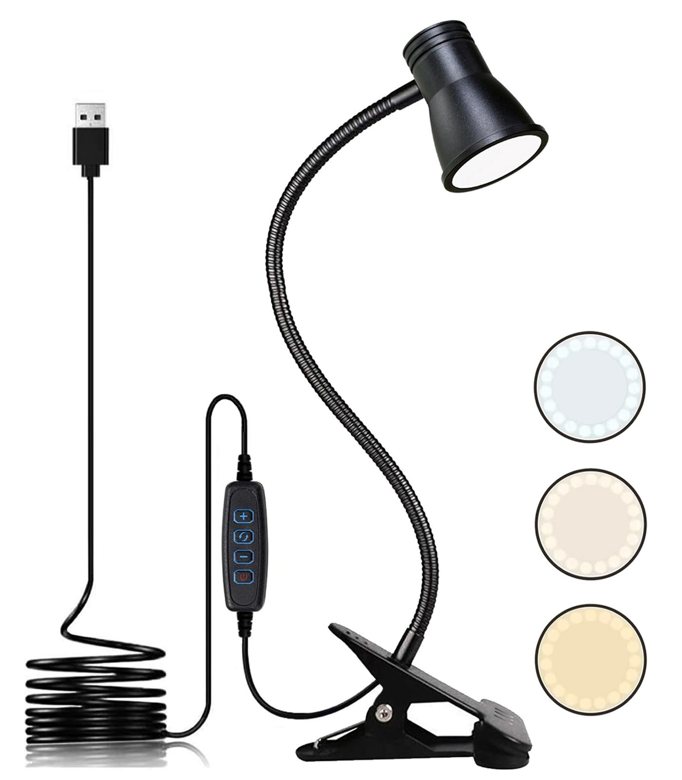 KNAMKY USB LED Desk Lamp With Clip - 3 Light Modes, 10 Dimmable Brightness Levels, Eye-Caring Reading Light for Bed, Headboard, Studying and Working