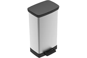 Curver Deco 50 Liter / 13 Gallon Tall Plastic Kitchen Trash Cans with Foot Pedal and Bag Holder and Lid in Stainless Steel Li