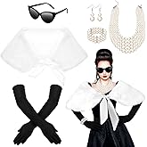Hoosige 7 Pcs 1920s Flapper Costume Accessory for Women Vintage 1950s Accessory Faux Fur Shawl with Sunglasses Pearl Strand Necklace Tiara Long Black Gloves for Halloween Cosplay Costume