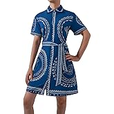 Femiserah Women's Summer Button Down Shirt Dresses with Belt Short Sleeve Floral Collared Dress Vocation Mini Sundress