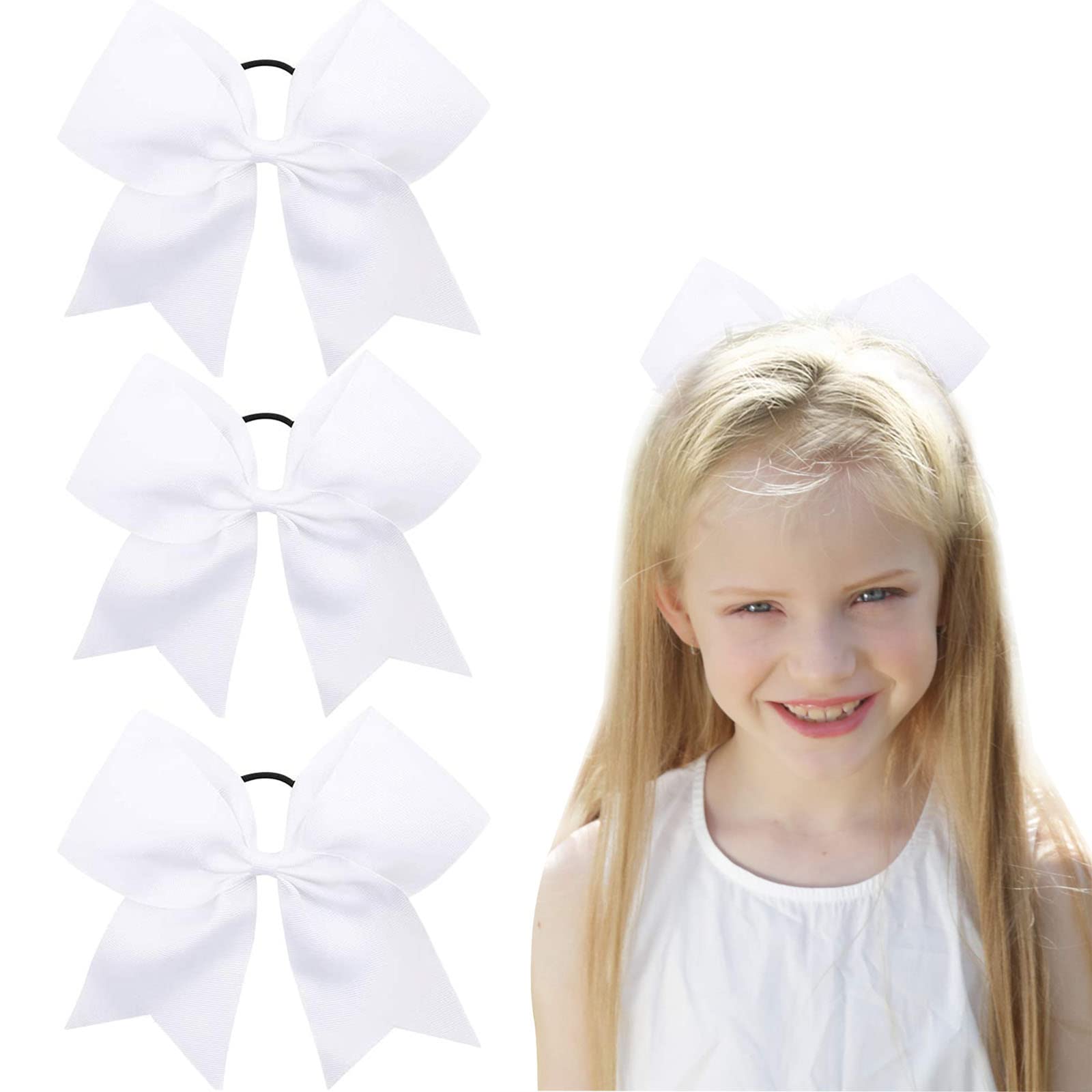 Photo 1 of Oaoleer 8inch Jumbo Large Cheer Bows Ponytail Holder Elastic Band Handmade Boutique Hair Accessories for Cheerleading Teen Girls College Women Sports (3PCS, White)