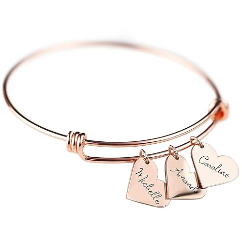 Custom Heart Charm Bracelet with Engraved Names, Personalized Gift