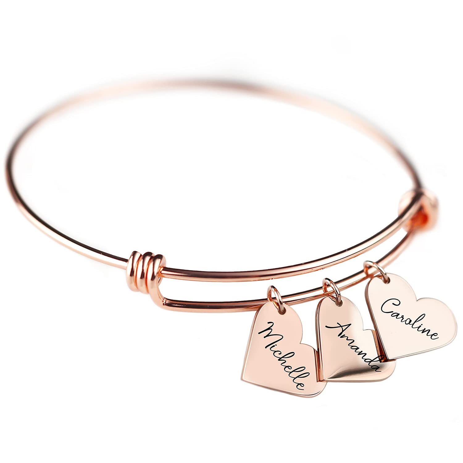 Custom Heart Charm Bracelet with Engraved Names, Personalized Gift for Women, Mom, Bridesmaids, or Friends, Adjustable Bangle for Graduation, Birthday – ABR-MH