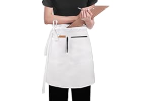 RIQIAQIA White Apron, Waterproof Waist Apron with 3 Pockets, Server Short Apron for Women Men Kitchen Cooking Restaurant Bistro Coffee Shop