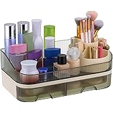 Makeup Organizer for Vanity, Make up Organizer Countertop with Rotating Makeup Brush Holder Cosmetic Display Case with Drawers Bathroom Storage Holder for Lipstick Brush Beauty Skincare