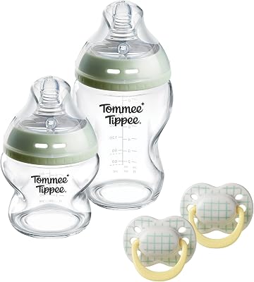 Coffret Cadeau nouveau- né Verre Natural Start, Biberons 150 ml et 250 ml avec tétine à débit lent et extra-lent comprise, et 2x sucettes Ultimate Fit 0-6 mois, Auto-stérilisan