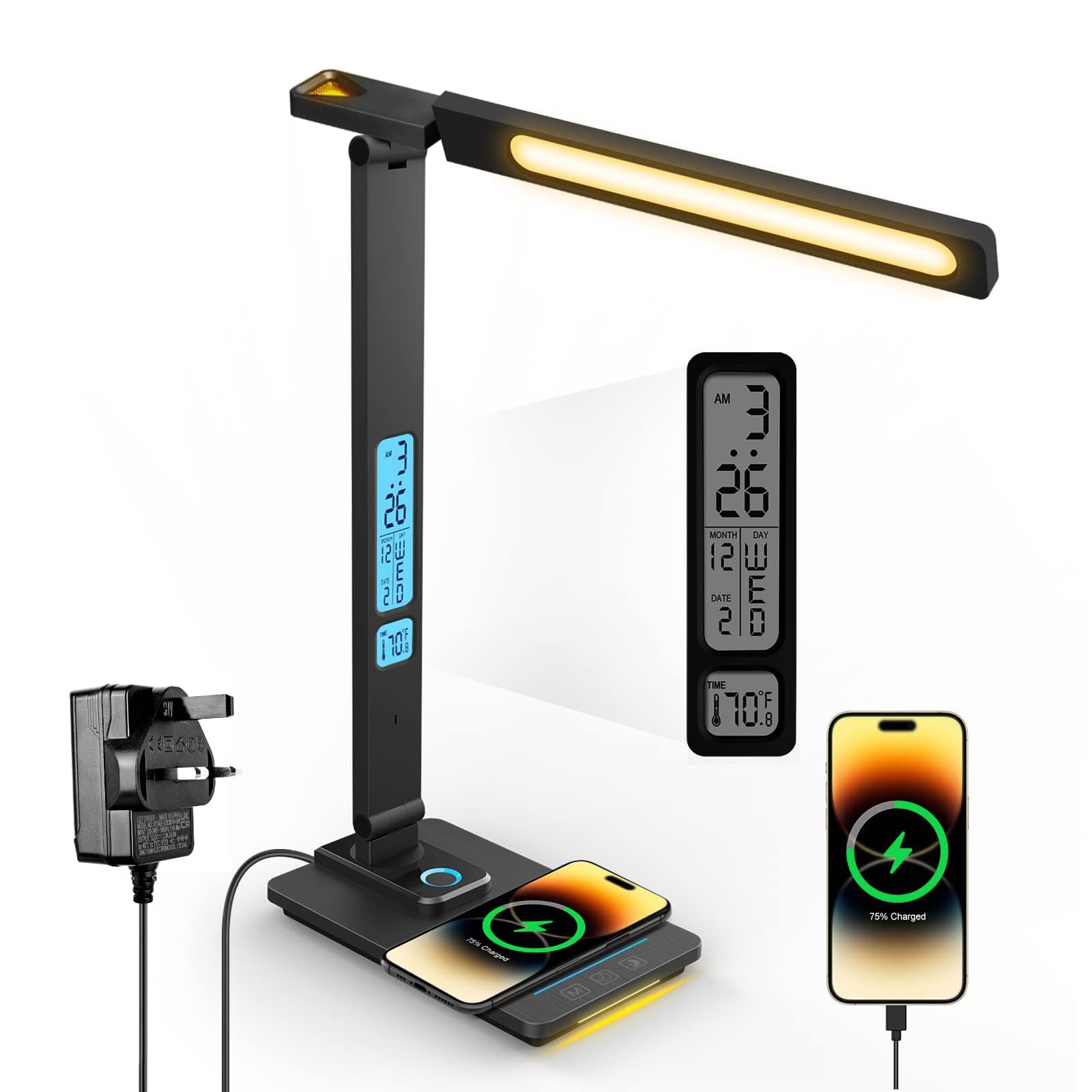 LAOPAO LED Desk Lamp with Wireless Charger - USB Charging Port, Touch Sliding Dimmable Auto Timer Table Lamp with Night Light, Desk Lights with Clock for Study Reading Home Office （Black）