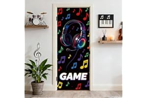arricraft 2 Pcs Self-Adhesive Door Sticker, 31.5"x78.7" Headphone Music Games Musical Notes Door Murals Stickers PVC Removabl