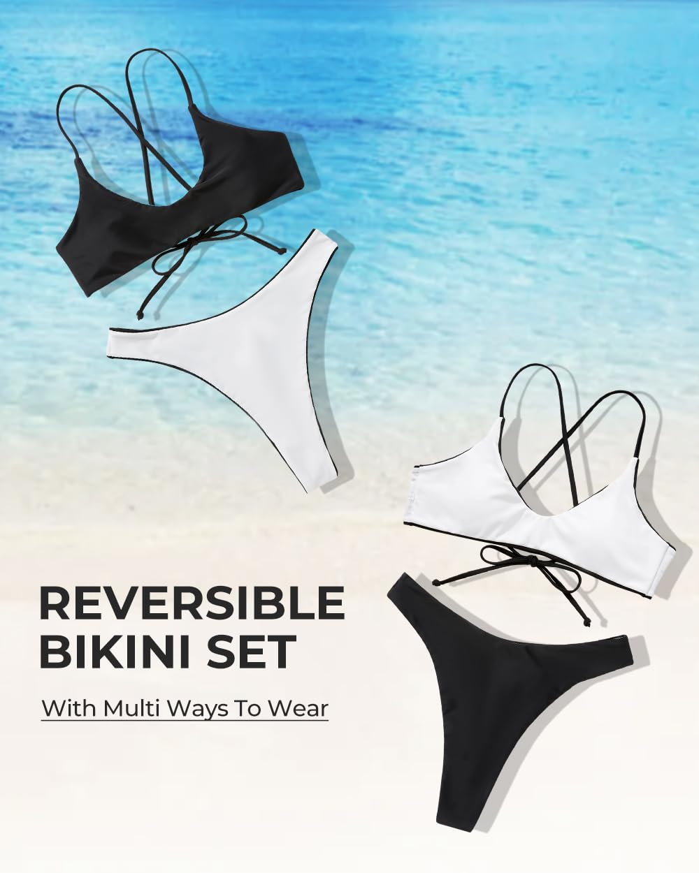 SUUKSESS Women Sexy High Waisted Thong Bikini Sets Reversible String Two Piece Swimsuits Push Up Bathing Suit(Black White,M) - Image 4