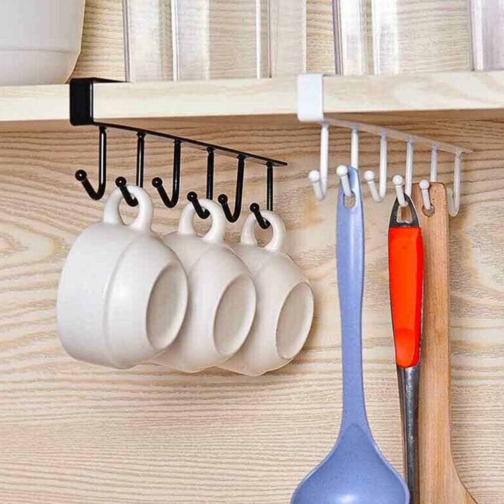 shlutesoy Black Friday 50% off 6 Hooks Kitchen Cabinet Wall Hanging Cup Holder Shelf Storage Rack Organizer Silver